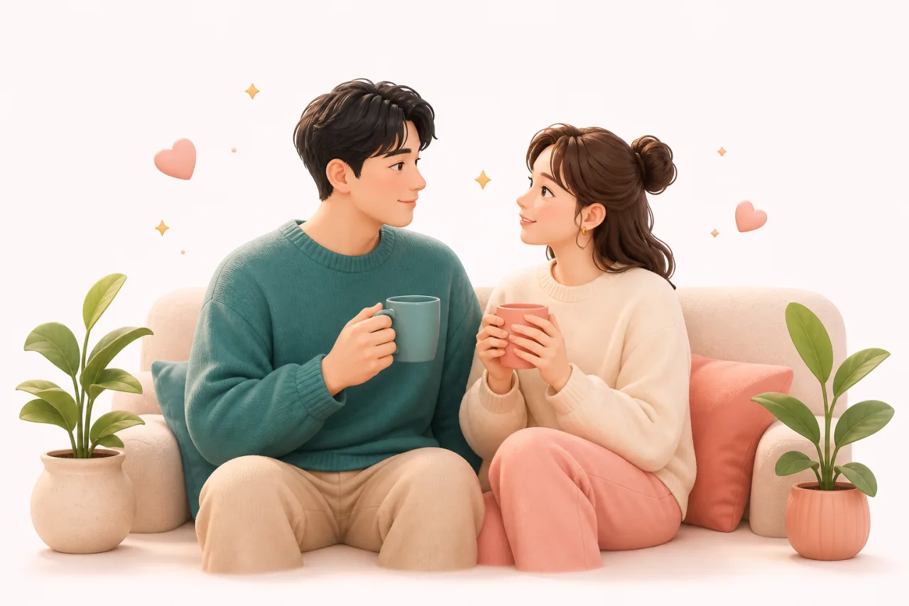 서로 마주 보며 대화하는 커플